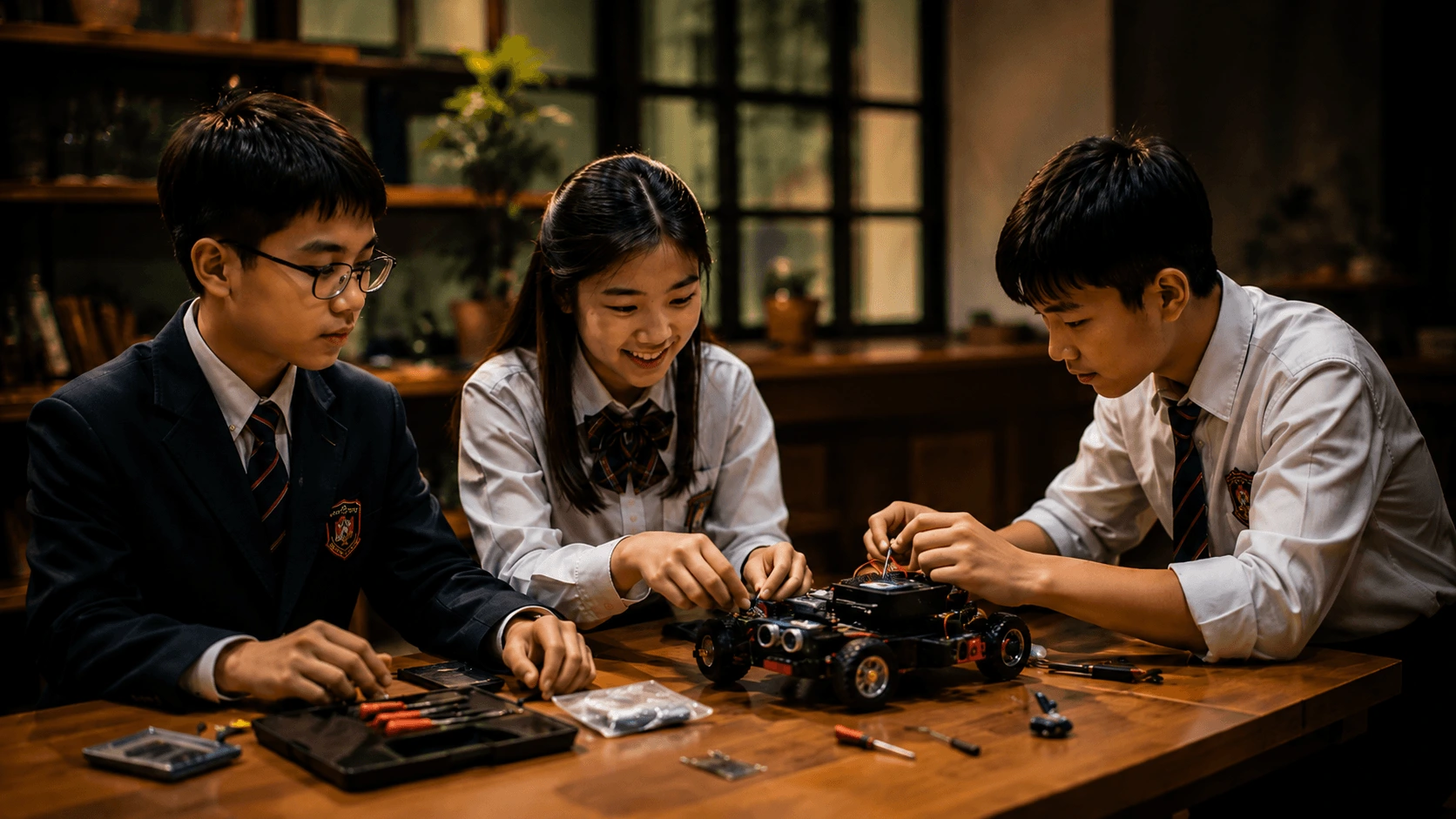 Siswa sekolah berkolaborasi merakit robot